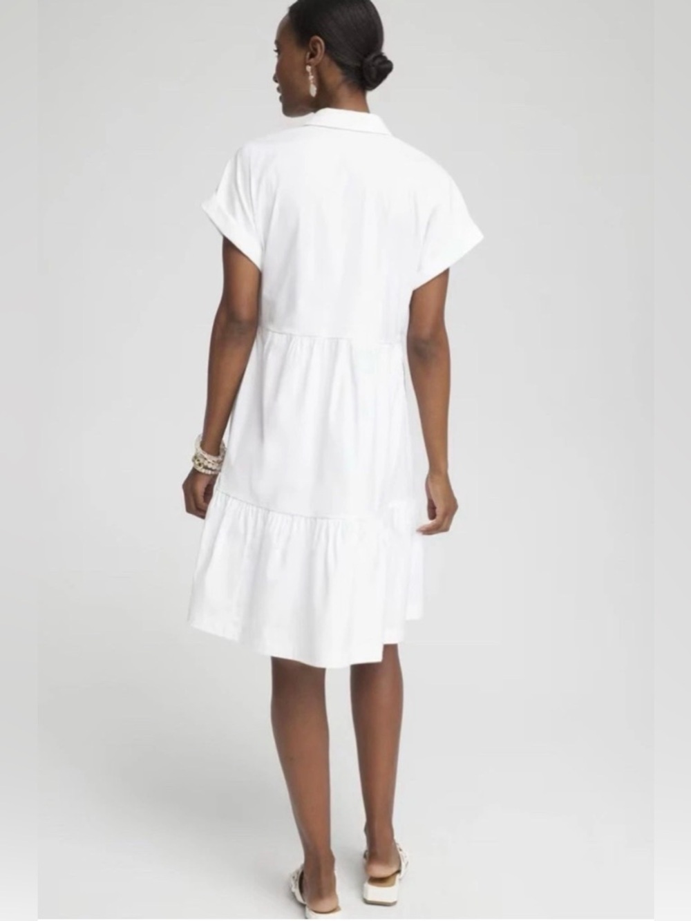 Chico's Poplin Diagonal Button Front Tier Dress in Alabaster Size 16 NEW - Picture 2 of 9